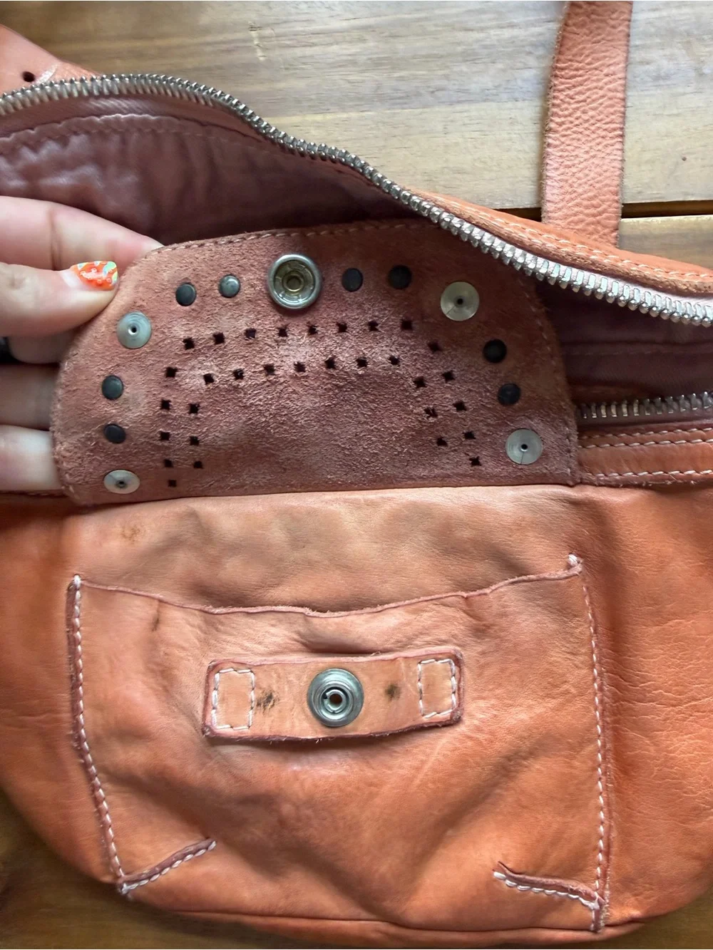 Campomaggi orange/brown leather studded waist bag with turquoise accents